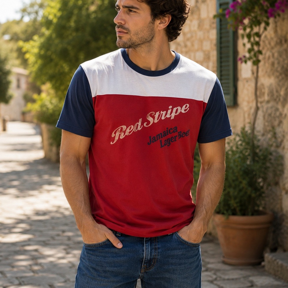 Red Stripe Beer T Shirt Mens Size S White Blue Red Graphic Tee